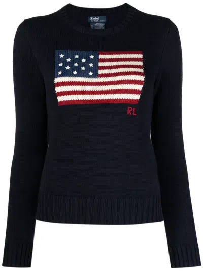Polo Ralph Lauren Women's Polo Crew Neck Intarsia American Flag Sweater With Ribbed Cuffs & Hem (sam In Blu