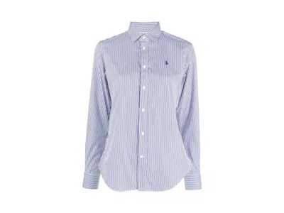 Pre-owned Polo Ralph Lauren Women's  12/2 Yd Ctn Pwls Crlte Stlong Sleevebutton Front Shirt In White/ Fall Roya