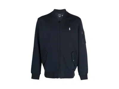 Pre-owned Polo Ralph Lauren Women's  Long Sleeve Double Knit Tech Full Zip Bomber Jacket In Aviator Navy Blue