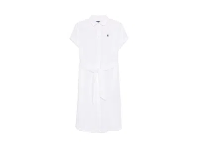 Pre-owned Polo Ralph Lauren Women's  Oxford Belted Midi Dress In White