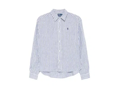 Pre-owned Polo Ralph Lauren Women's  Wide Cropped Shirt In White Blue