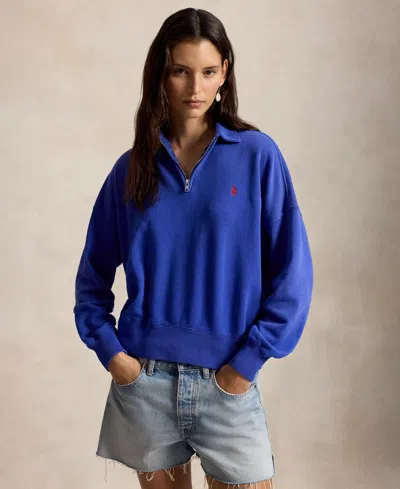 Polo Ralph Lauren Women's Spread Collar Long Sleeves Quarter-zip Sweatshirt In Blue