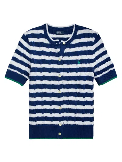 Polo Ralph Lauren Striped Cable-knit Short-sleeve Cardigan In Blue Yacht White
