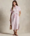 Polo Ralph Lauren Belted Linen Shirtdress In White,pink