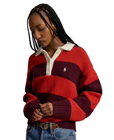 Polo Ralph Lauren Women's Striped Wool-blend Rugby Sweater In Harvard Wine,brandy Heather
