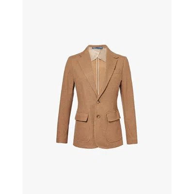 Polo Ralph Lauren Womens Tan Herringbone Herringbone-weave Single-breasted Wool And Cotton Blazer