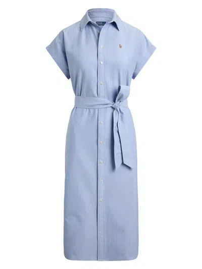 Polo Ralph Lauren Belted Cotton Oxford Shirt Dress In Blue