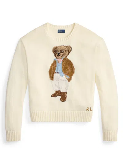 Polo Ralph Lauren Cotton Bear Long Sleeve Crew Neck In White