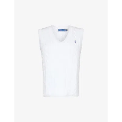 Polo Ralph Lauren Cable-knit Cotton V-neck Sweater Vest Woman Top White Size Xs Cotton