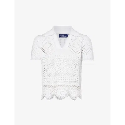 Polo Ralph Lauren Womens White Scalloped-hem Cotton-crochet Top