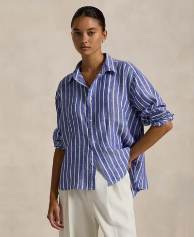 POLO RALPH LAUREN WOMEN'S WIDE CROPPED STRIPED 100% LINEN SHIRT