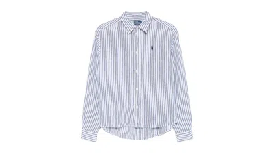 Pre-owned Polo Ralph Lauren Women's Wide Cropped Polo Shirt In White/blue In Multi