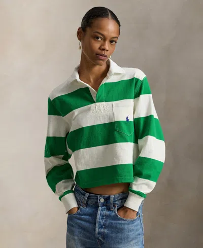 Polo Ralph Lauren Embroidered Striped Cotton Rugby Shirt In Green