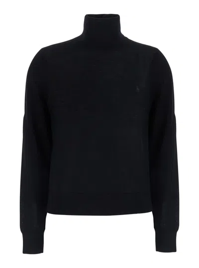 Polo Ralph Lauren Women's Wool High-collar Sweater With Tone-on-tone Pony Logo In Black