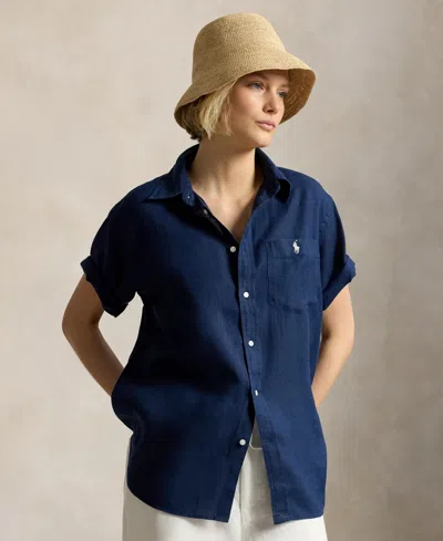 Polo Ralph Lauren Women's Woven Short-sleeve Collared Top In Blue