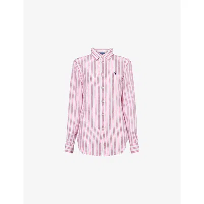 Polo Ralph Lauren Womens  Striped Curved-hem Linen Shirt In 1879b White/red