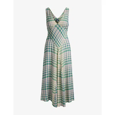 Polo Ralph Lauren Womens 2009 Blue-mauve Plaid Checked Panelled Woven Midi Dress In Green