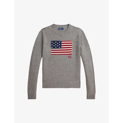 Polo Ralph Lauren Womens American-flag Knitted Cotton Jumper Drift Grey Melange Xl