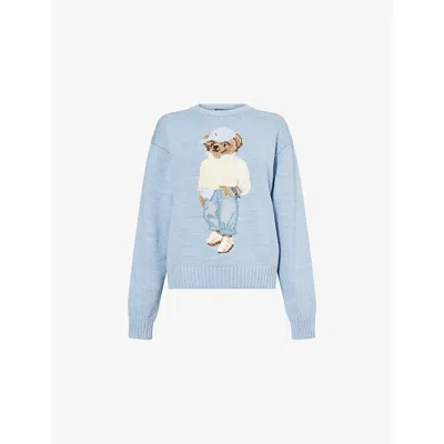 Polo Ralph Lauren Womens Chambray Marl Bear-intarsia Round-neck Cotton-knit Jumper