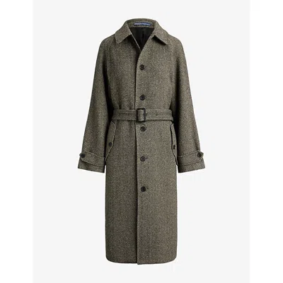 Polo Ralph Lauren Womens Black Cream Herringbone Belted Wool-blend Coat In Gray