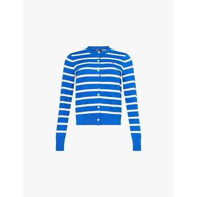Polo Ralph Lauren Womens  Striped Brand-embroidery Stretch-cotton Blend Cardigan In Blue Saturn/white