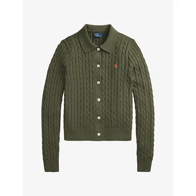 Polo Ralph Lauren Womens Brand-embroidered Cable-knitted Cotton Cardigan Olive