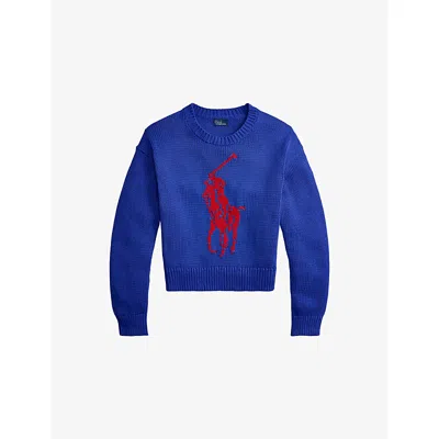 Polo Ralph Lauren Womens Bright Royal Big Pony Relaxed-fit Cotton-knit Jumper Xs In Blue