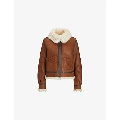 Polo Ralph Lauren Womens Brown/cream Sheepskin-lined Leather Aviator Jacket