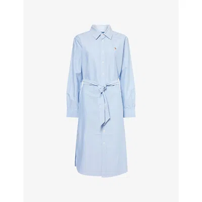 Polo Ralph Lauren Womens Bsr Blue Logo-embroidered Belted Cotton Midi Shirt Dress