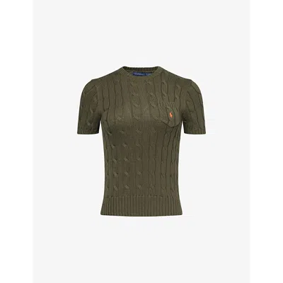 Polo Ralph Lauren Womens Canopy Olive Cable-knit Short-sleeves Cotton-knit Jumper