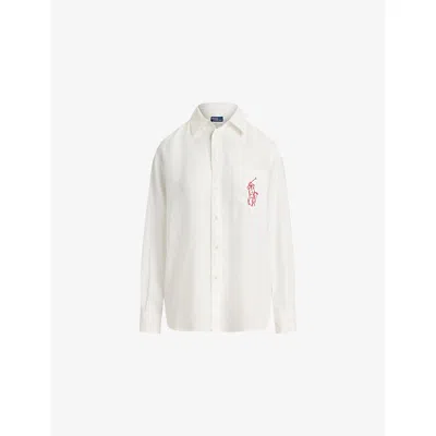 Polo Ralph Lauren Womens Classic Oxford White Logo-embroidered Relaxed-fit Linen Shirt