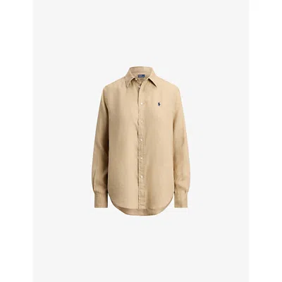 Polo Ralph Lauren Womens Coastal Beige Brand-embroidered Long-sleeved Linen Shirt Xs In Multi