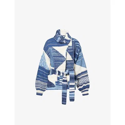Polo Ralph Lauren Womens Contrast-panels Shawl-collar Cotton-blend Cardigan Blue Multi