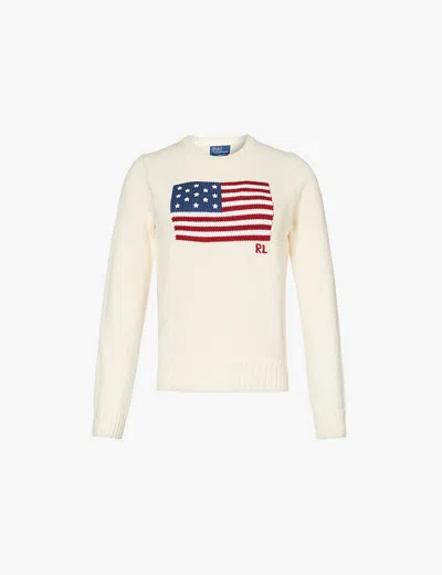 POLO RALPH LAUREN WOMENS CREAM AMERICAN FLAG-INTARSIA REGULAR-FIT COTTON JUMPER