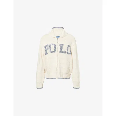 POLO RALPH LAUREN WOMENS CREAM/BLUE MULTI LOGO-PRINT SHAWL-COLLAR KNITTED CARDIGAN