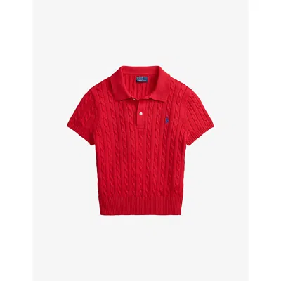 Polo Ralph Lauren Womens Cruise Red Cropped Cable-knit Cotton Polo