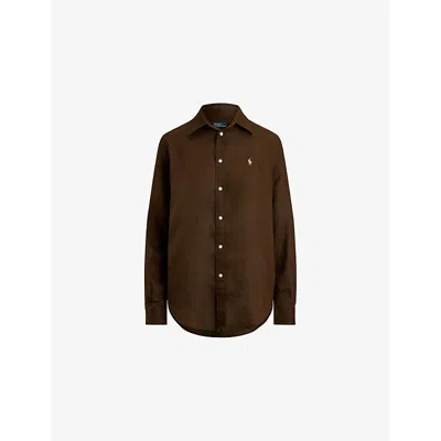Polo Ralph Lauren Womens Dark Brown Brand-embroidered Long-sleeved Linen Shirt In Burgundy