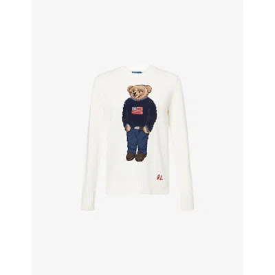 Polo Ralph Lauren Womens Deckwash White Multi Polo Bear Round-neck Linen-cotton Knitted Jumper