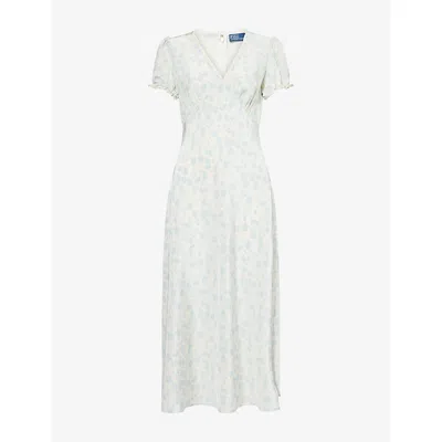Polo Ralph Lauren Womens White Blue Floral Puffed-sleeves Silk Midi Dress