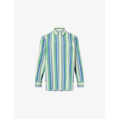 Polo Ralph Lauren Womens  Striped Curved-hem Cotton-poplin Shirt In Green/blue Multi Stripe