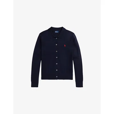 Polo Ralph Lauren Womens Hunter Navy Logo-embroidered Collared Cotton-blend Cardigan In Blue
