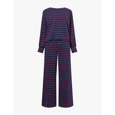 Polo Ralph Lauren Womens Hunter Navy Stripe Wide-leg Jersey Pyjama Set Xs In Blue