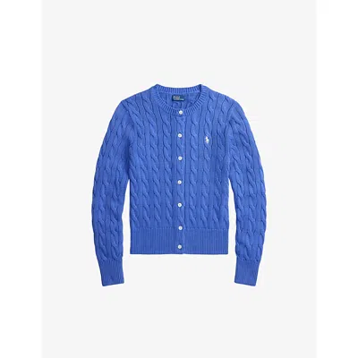 Polo Ralph Lauren Womens Indigo Sky Brand-embroidered Cable-knitted Cotton Cardigan Xs In Blue