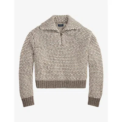 Polo Ralph Lauren Womens Knitted Cotton And Wool-blend Jumper Grey Cream Stripe