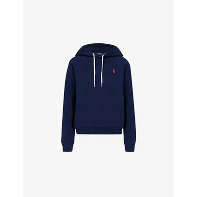 POLO RALPH LAUREN WOMENS LOGO-EMBROIDERY FLEECE-LINED COTTON-BLEND JERSEY HOODY CRUISE NAVY