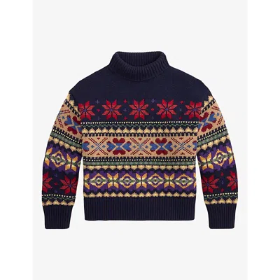 Polo Ralph Lauren Womens Navy Multi Jacquard Wool And Cashmere Turtleneck In Blue
