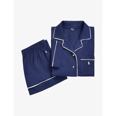 Polo Ralph Lauren Womens Piped-trim Short-sleeved Cotton-blend Pyjama Set Navy In Blue