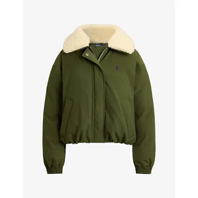 Polo Ralph Lauren Womens New Olive Quilted Faux-shearling Collar Woven Jacket In Green