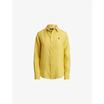 Polo Ralph Lauren Womens Oasis Yellow Logo-embroidered Classic-fit Linen Shirt