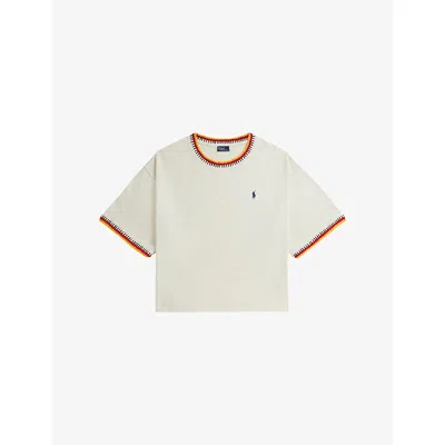 Polo Ralph Lauren Womens Parchment Cream Boxy Crochet-trim Cotton T-shirt In Neutral